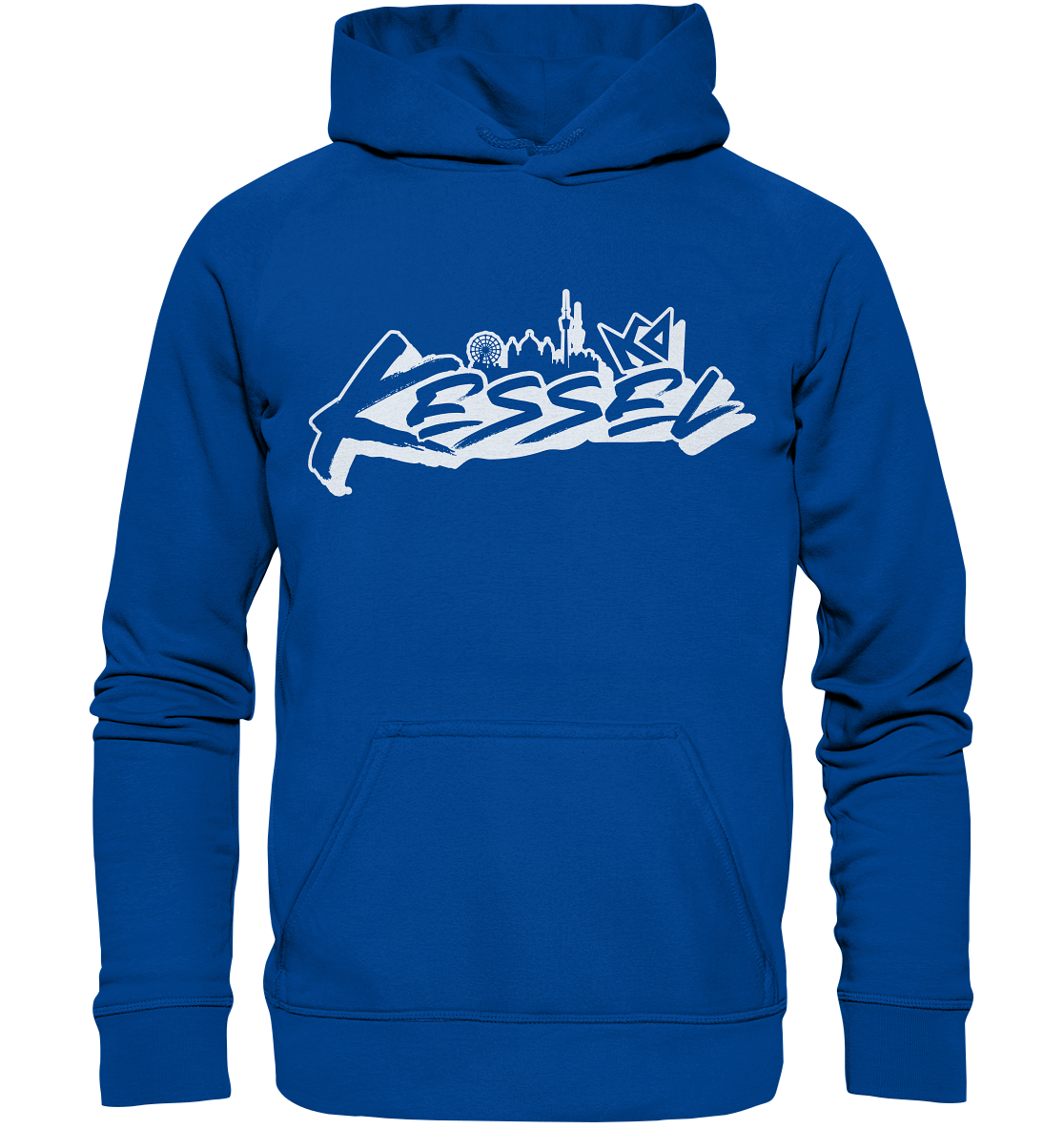 a blue hoodie with white graffiti on it