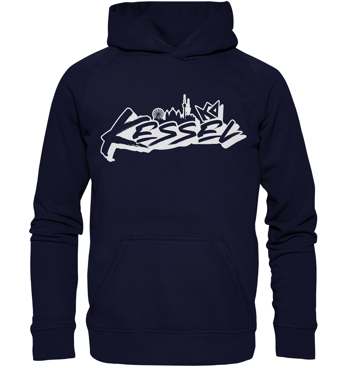 a dark blue hoodie with white graffiti on it