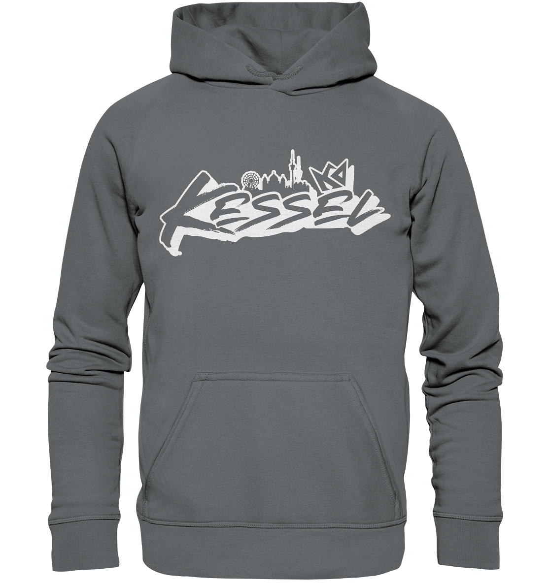 a grey hoodie with white graffiti on it