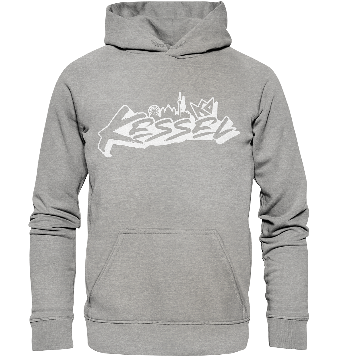 a grey hoodie with white graffiti on it