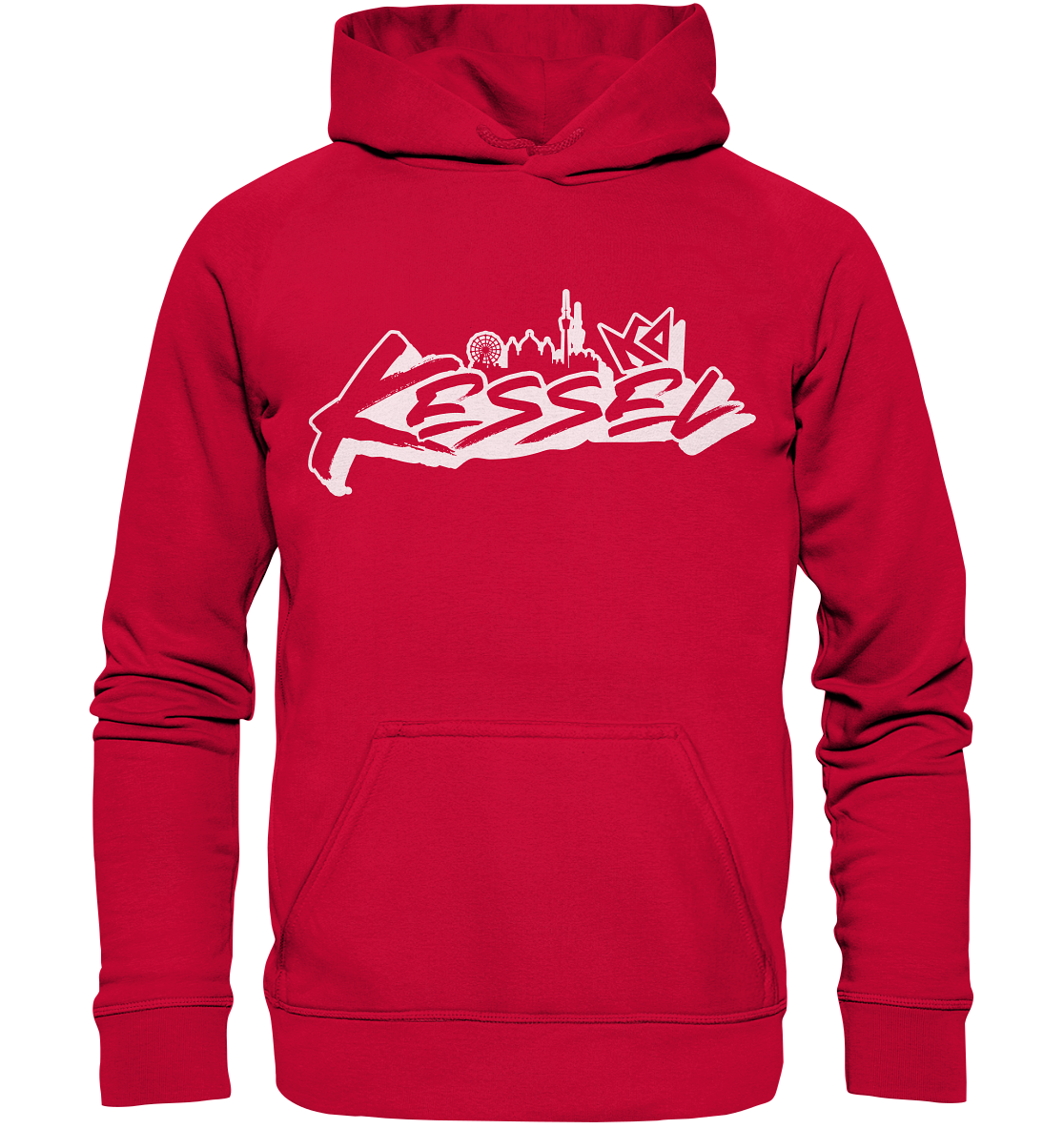 a red hoodie with white graffiti on it