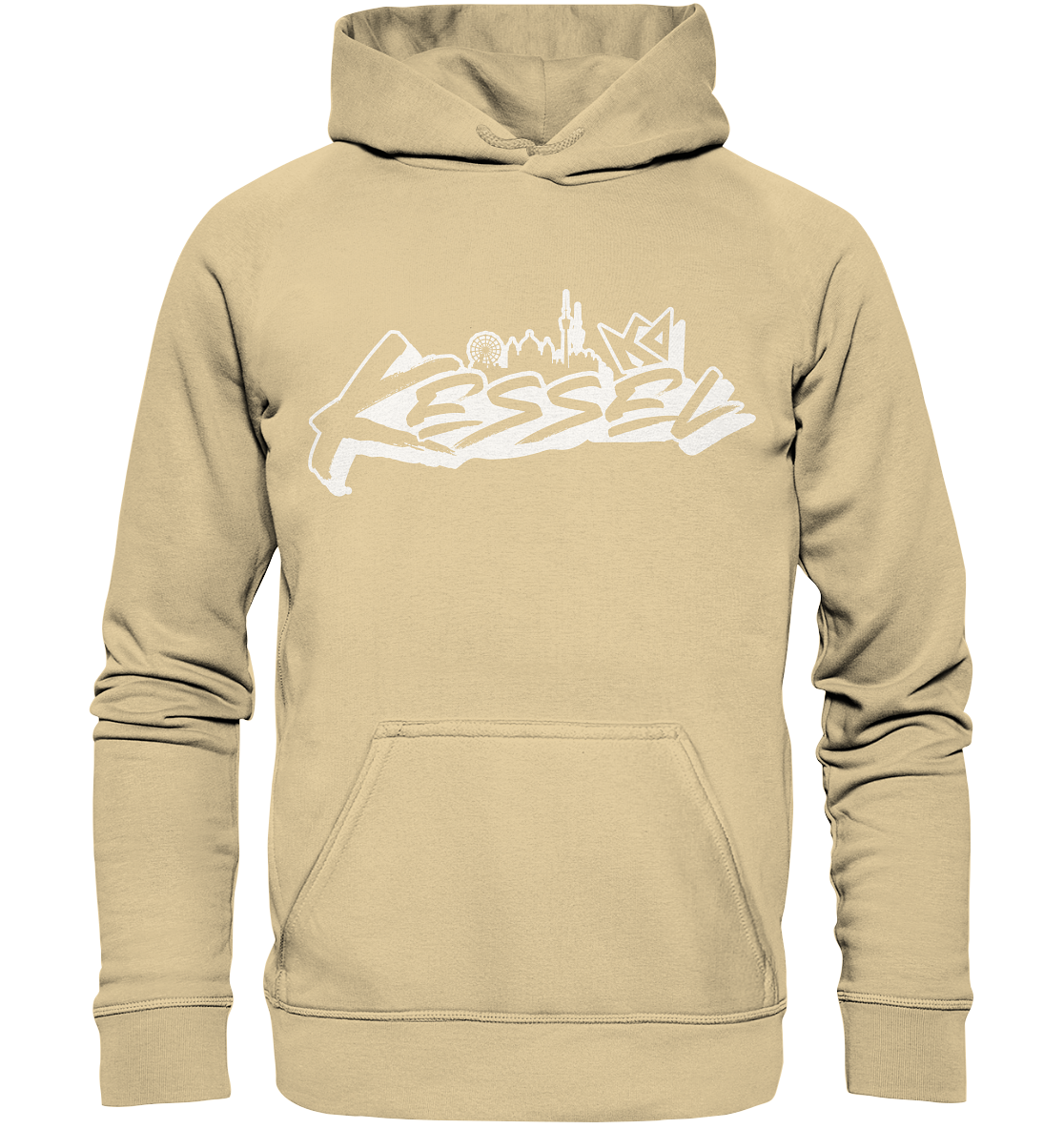 a beige hoodie with white graffiti on it