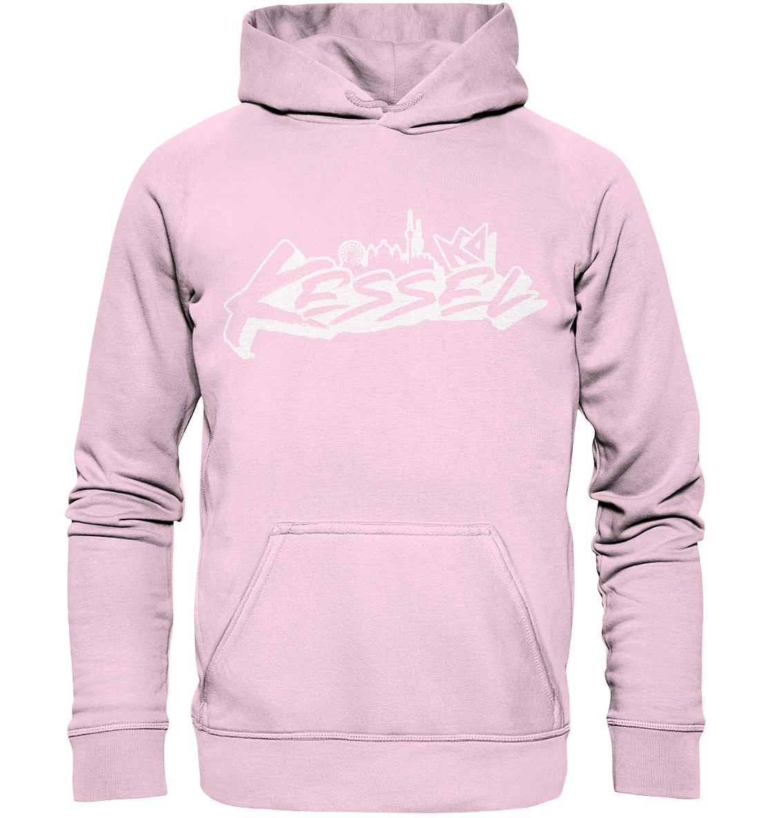 a pink hoodie with white graffiti on it