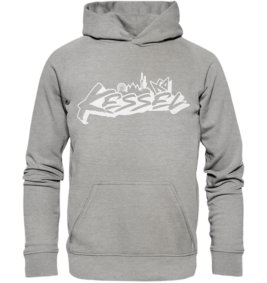 a grey hoodie with white graffiti on it